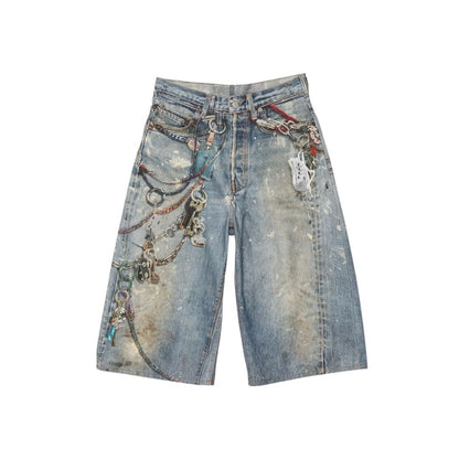 CHAINED PRINT DENIM JORTS